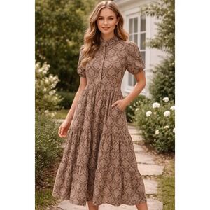 Hyacinth House  Floral Tiered Maxi Dress Puff Sleeve High Neck Size XS Boho